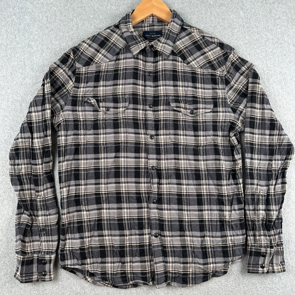 Lucky Brand Shirt Mens M Black Saturday Stretch Plaid Western Snap Flannel Long
